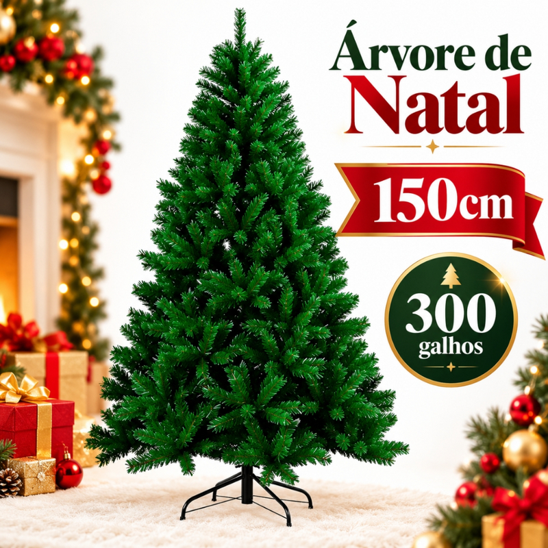Árvore de Natal Verde 150cm 300 Galhos Artificial Decorativa com Base para Sala Casa Fest