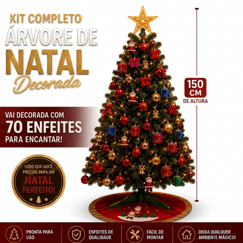 Arvore de Natal Decorada 150cm 220 Galhos + 70 Enfeites Completa Enfeitada Pinheiro Verde Pisca Led Decoração Top
