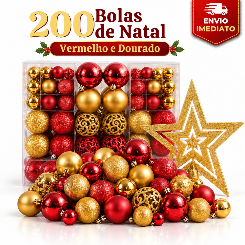 200 Bolas de Natal Vermelhas e Douradas Tamanhos Variados Glitter Foscas Lisas Acompanha Estrela Decorativa