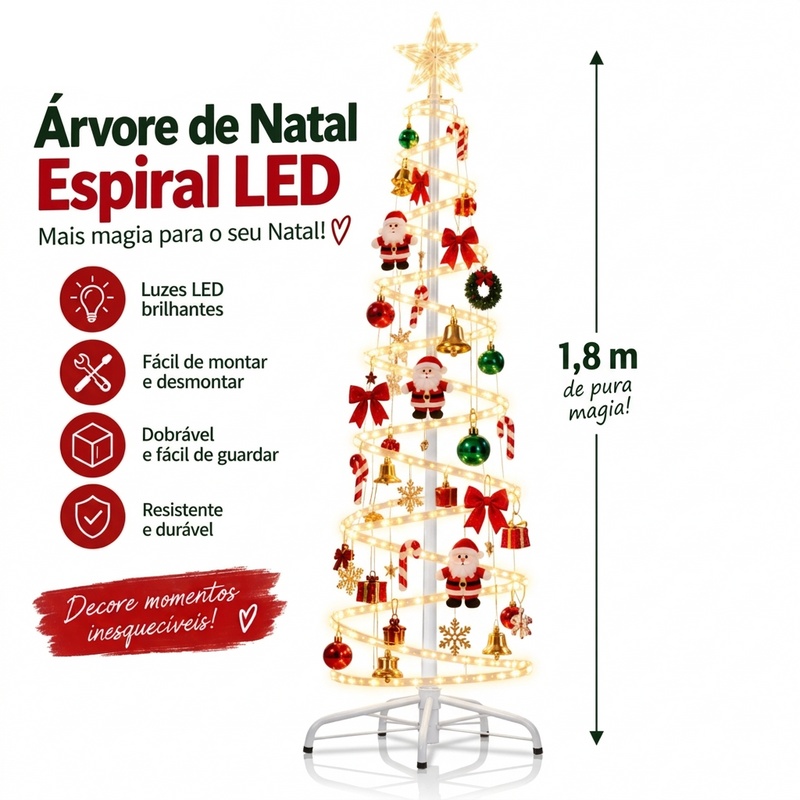Árvore de Natal Espiral LED 1,8m Dobrável com Papai Noel bengala sinos dourados e enfeites-N10