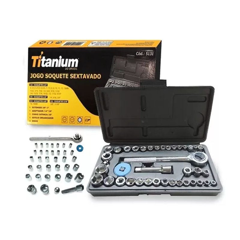 Jogo de Soquete com 40 peças Titanium 1/4-3/8